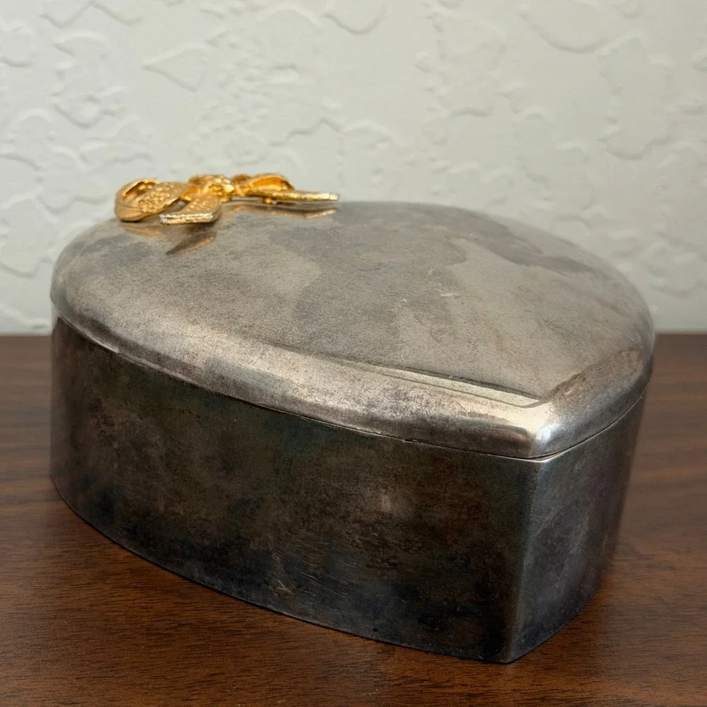 Vintage Silver Heart Jewelry Box Gold Bow‎ Cottagecore Coquette Lid Small